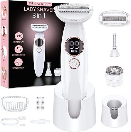 Rasierer Damen,3-In-1 Intimrasierer für Frauen,Gesichtshaarentferner für Frauen,Damenrasierer Elektrisch Nass-Trockenrasierer Ipx7 Wasserdicht Trimmer Damen,für Bikinizone Achseln Beine,USB-Aufladung